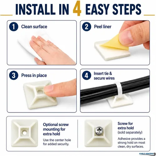 Miniatura 5 de Kable Kontrol Soportes para bridas de cremallera, 1 pulgada cuadrada, blanco natural, 100 unidades, cuadrados de montaje multiusos con respaldo