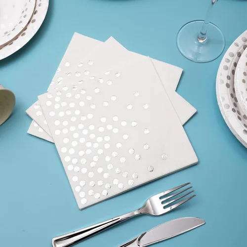 Miniatura 7 de Platos de papel plateado y servilletas para fiestas, platos blancos y plateados para 24, 168 piezas de decoraciones de fiesta plateadas para boda