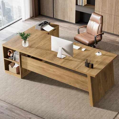 Miniatura 9 de Tribesigns Escritorio en forma de L de 78 pulgadas con cajones, escritorio ejecutivo grande con archivador y estantes, mesa de esquina moderna