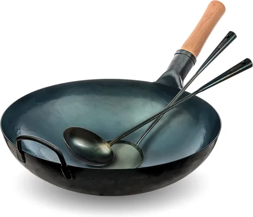 YOSUKATA Sartén Wok de fondo redondo azul – 14 pulgadas con juego de utensilios de wok pre-sazonados – Espátula azul de acero al carbono de 17