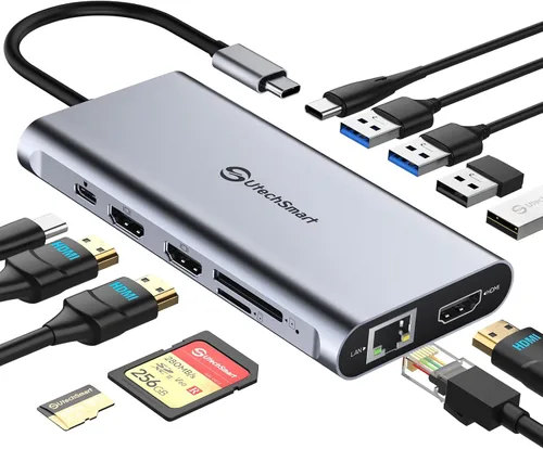 UtechSmart Concentrador USB C, 3 puertos HDMI con pantalla triple 12 en 1, adaptador USB C para laptop con 4K HDMI PD3.0 SD TF lector de tarjetas
