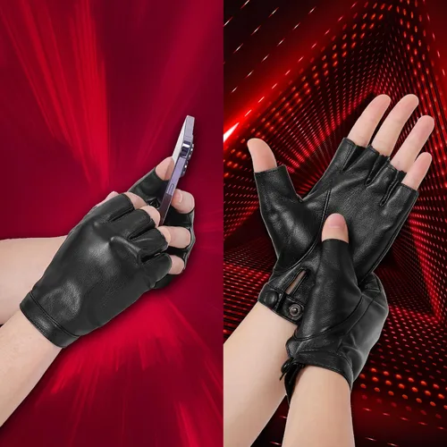 Miniatura 7 de OurHonor Guantes negros sin dedos para hombres y mujeres, guantes de cuero sintético de Halloween, medio dedo, para conducción, disfraz deportivo