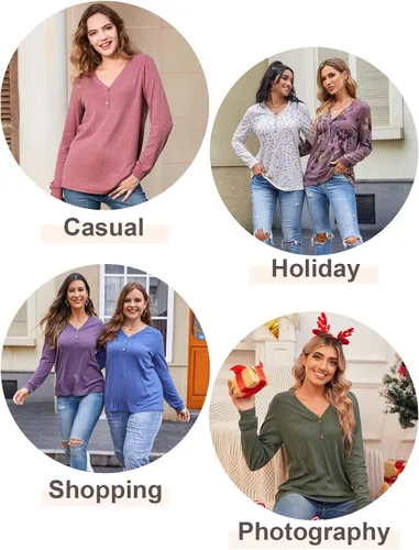 Miniatura 4 de BISHUIGE Camisetas de manga larga con botones para mujer, túnica Henley con cuello en V, sudadera casual