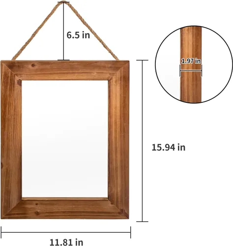Miniatura 2 de OKSQW Espejo de pared de granja, espejo rectangular de madera rústica marrón, marco de madera decorativa de 16 x 12 pulgadas, con espejo y cuerda