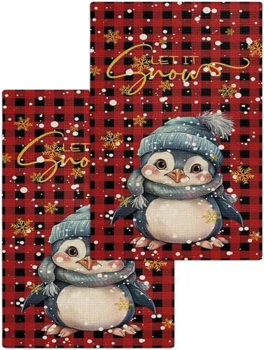 Juego de 2 toallas de cocina de tejido de punto gofre de algodón, diseño de pingüinos de Feliz Navidad, 16 x 24 pulgadas, absorbentes, de secado
