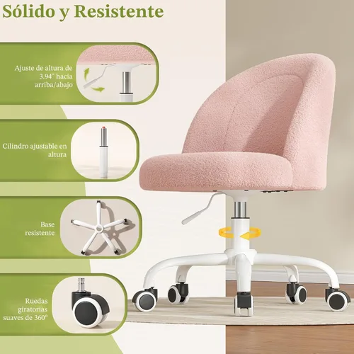 Miniatura 7 de DurayLoly Silla de tocador con ruedas, bonita silla de escritorio con respaldo, silla de oficina sin brazos ajustable en altura, soporte lumbar