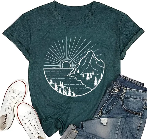 Camiseta de senderismo para mujer, camiseta de montaña con estampado gráfico de naturaleza y amanecer, camiseta de verano de manga corta para