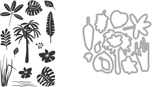 Las siluetas de follaje tropical incluyen una hoja de Monstera, palmera, hoja de plátano y flores de Julie Ebersole, Essentials by Ellen Stamp & Die
