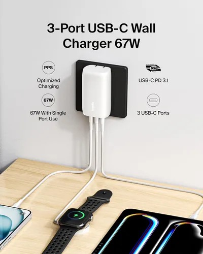 Miniatura 2 de Belkin Bloque de cargador USB C de 3 puertos de 67 W - PPS USB-C PD3.1 PPS carga súper rápida - Samsung Galaxy S26, Apple iPhone 17, Air, Pro