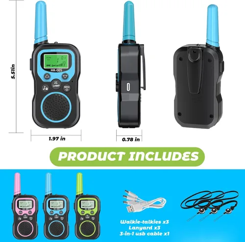 Miniatura 7 de Walkie Talkies recargables para niños, paquete de 3, Walkie Talkies de largo alcance para niños de 22 canales VOX linterna para acampar al aire