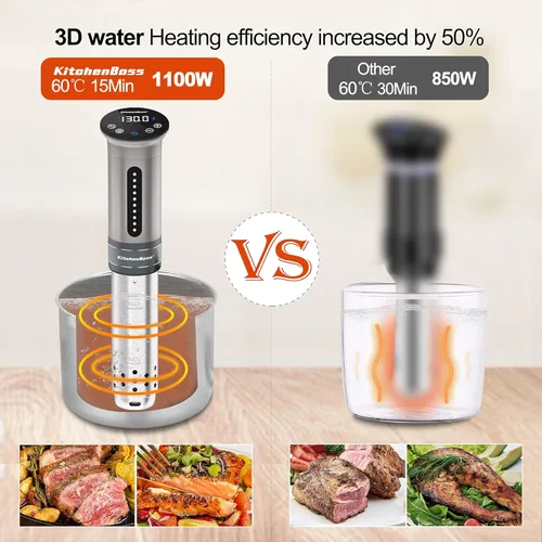 Miniatura 5 de KitchenBoss Sous Vide - Máquina de cocción al vacío, 1100 W IPX7, a prueba de agua, cocción de agua, al vacío, inversión térmica, pantalla digital