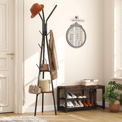 Miniatura 2 de HOMEFORT Perchero, perchero con 2 estantes, árbol de pasillo independiente, colgador de metal para sombreros con 12 ganchos para ropa, sombreros