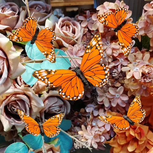 Miniatura 4 de YCHTEWY - Decoración de mariposa monarca, juego de 12 decoraciones de mariposa de plumas con clip, 3.75", naranja..