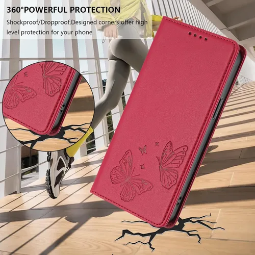 Miniatura 9 de Butterfly Embossed Leather Wallet Flip Case for Motorola Moto E22i 4G, Magnetic Closure, RFID Blocking Cover, Card Holder Red.