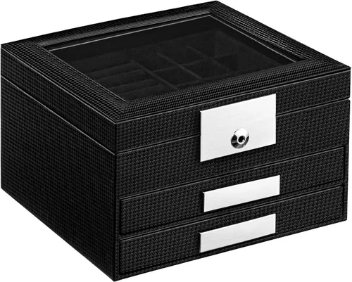 Miniatura 2 de Oyydecor Joyero con tapa de cristal, organizador de joyas de piel sintética de 3 niveles para mujer con 2 cajones, estuche de joyería de maquillaje