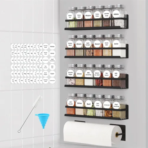 Estante magnético para especias con frascos, estante magnético para especias para refrigerador, 24 tarros de especias con etiqueta, estantes Negro