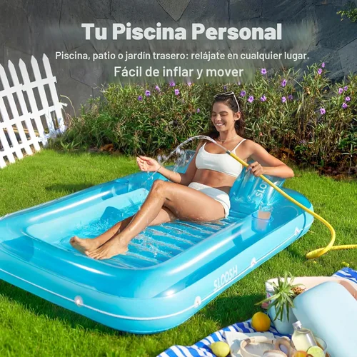Miniatura 3 de SLOOSH Flotador inflable, camastro para adultos, con almohada, 178 x 117 cm, 4 en 1: balsa-tina bronceadora, camastro para tomar el sol, fiestas Azul