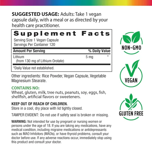 Miniatura 2 de Rainbow Light Suplemento de orotato de litio de 5 mg 120 cápsulas veganas oligoelemento biodisponible Sin OMG y sin gluten