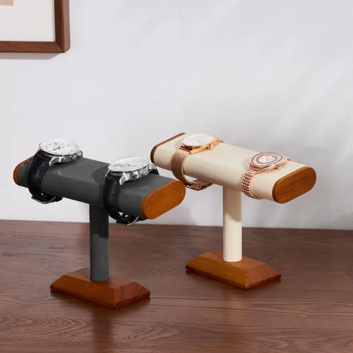 Miniatura 9 de Oirlv Soporte de exhibición de reloj en T de madera maciza soporte organizador de joyas para reloj pulsera encimera mesa de joyería gris