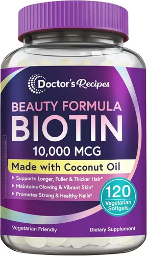 Doctor's Recipes Biotina 10,000 mcg, crecimiento del cabello, piel y uñas saludables, metabolismo energético, biotina apta para vegetarianos, con