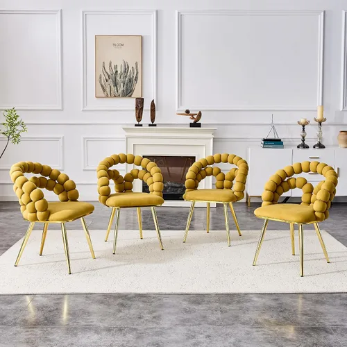 Miniatura 10 de Juego de 2 sillas de comedor de terciopelo, sillas decorativas tapizadas amarillas, sillas de barril con patas doradas para comedor, maquillaje