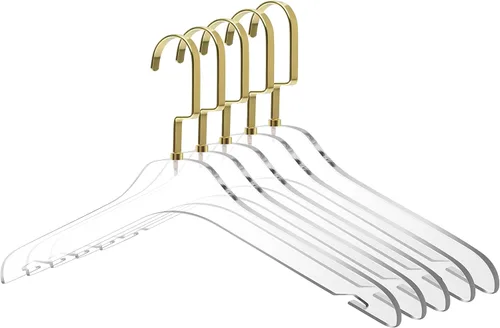 Perchas de acrílico transparente de calidad, paquete de 5, elegante colgador con ganchos dorados, organizador de armario que ahorra espacio (gancho