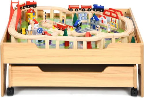 Miniatura 9 de HONEY JOY Mesa de tren, mesa de actividades de madera para niños con cajón de almacenamiento, 100 piezas multicolores, pistas, trenes, autos, juego