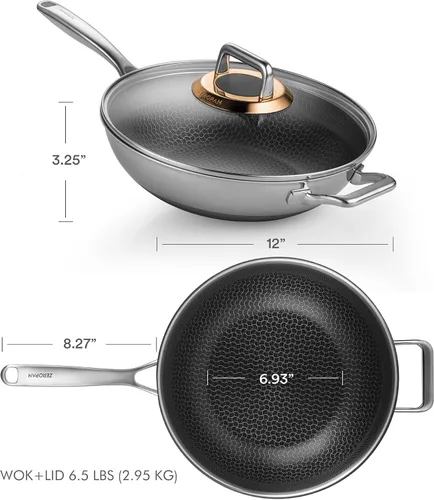 Miniatura 2 de Wok híbrido de 12 pulgadas con tapa, woks antiadherentes de acero inoxidable y sartenes para freír, sartén wok, PFAS PFOA sin PTFE, apto
