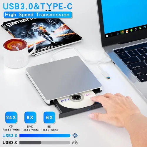 Miniatura 2 de Dainty Externo compatible con Bluray Drive Compatible con lectura DVD CD BD Drive, adecuado para USB 3.0 y puerto tipo C, Windows XP/7/8/10/11MacOS