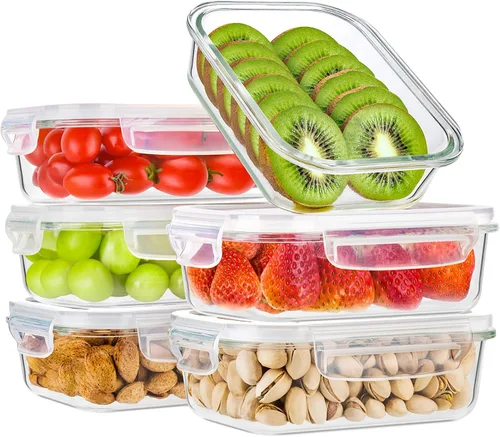 Bayco - Paquete de 6 recipientes de vidrio para comidas preparadas, recipientes de almacenamiento con tapas, cajas bento herméticas, sin bisfenol A,