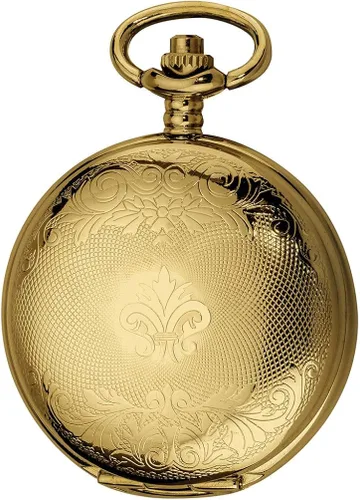 Miniatura 3 de VIGOROSO Reloj de bolsillo para hombre con cadena mitad cazador doble cubierta esqueleto mecánico números romanos dorados en caja
