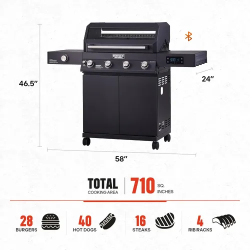 Miniatura 4 de Monument Grills Parrilla inteligente para barbacoa de gas propano líquido 4+1, 4 quemadores y 1 quemador lateral Denali 425 con tecnología