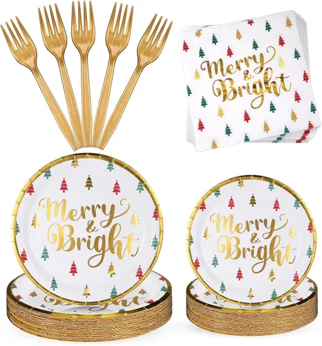 Lounsweer 96 piezas de suministros para fiestas de Navidad, platos de papel y servilletas, juego de vajilla desechable, incluye platos de Navidad,