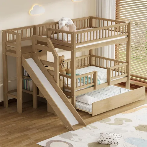 Miniatura 43 de Litera de casa individual sobre cama individual con tobogán convertible y nido, litera de madera maciza con techo y ventana para niños, verde-blanco
