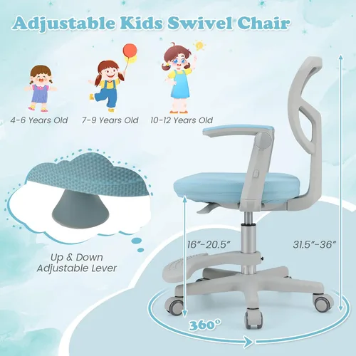Miniatura 4 de Giantex Silla de escritorio para niños, silla rodante ergonómica ajustable con reposapiés y apoyabrazos abatibles, silla de oficina para niños