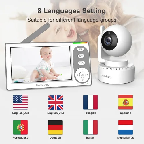 Miniatura 9 de HelloBaby Monitor de Bebé con Video de 4.3'' con Batería de 30 Horas, Monitor de Bebé con Pan-Tilt-Zoom Remoto Sin WiFi, Monitor de Bebé con Cámara
