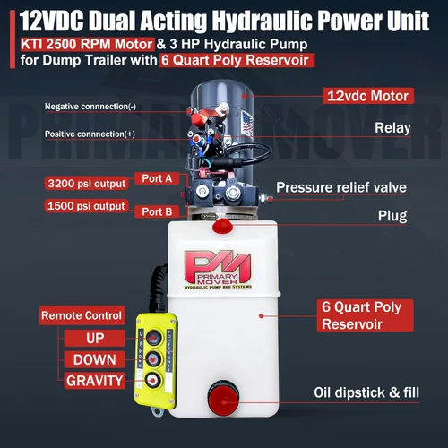 Miniatura 2 de KTI - Bomba hidráulica de doble acción de 12 Vdc de 6 cuartos de galón para remolque de volteo - Unidad de potencia hidráulica - Bomba de remolque