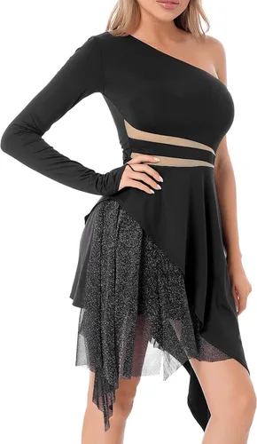 Miniatura 4 de JEATHA Vestido de baile latino asimétrico de manga larga para mujer, con un solo hombro