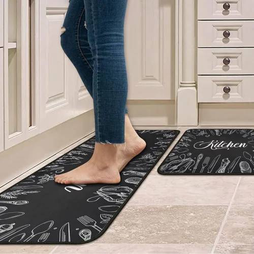 Miniatura 2 de Juego de 2 alfombras y tapetes de cocina antideslizantes, lavables, color negro, suaves, superabsorbentes, antifatiga, juego de tapetes de cocina
