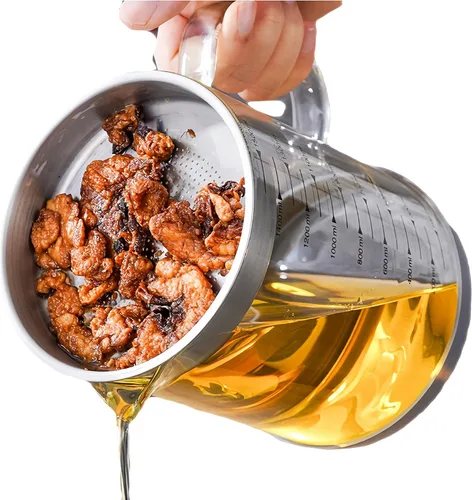Contenedor de grasa de tocino de vidrio con colador, separador de salsa de grasa de 34 onzas con colador, lata de almacenamiento con tapa,