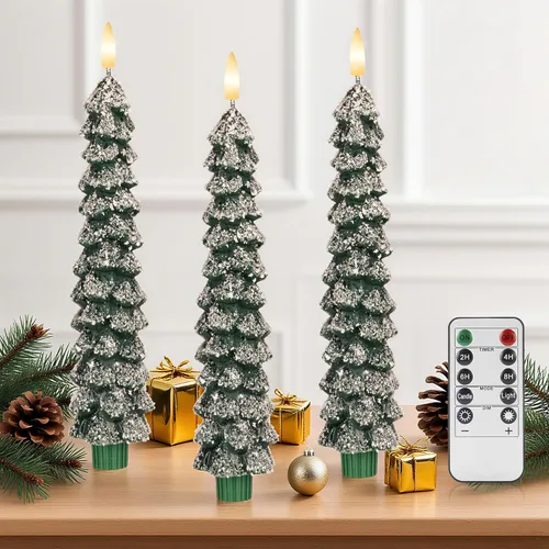 Miniatura 13 de Velas de árbol de Navidad sin llama con control remoto, vela LED de llama parpadeante de 3D operada por batería con cadena de luz estrellada, velas
