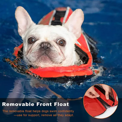 Miniatura 2 de Mklhgty Chaleco salvavidas para perros, chaleco salvavidas reflectante para perro con cuello extraíble, alta flotabilidad para nadar y navegar, Rojo