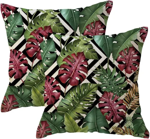Miniatura 7 de ULOVE LOVE YOURSELF Paquete de 2 fundas de almohada cuadradas decorativas con diseño de hojas verdes tropicales con fondo geométrico, fundas