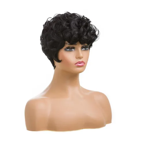 Miniatura 7 de Pelucas cortas de corte Pixie negro natural para mujeres negras, pelucas de cabello rizado de repuesto, peluca corta negra en capas con flequillo