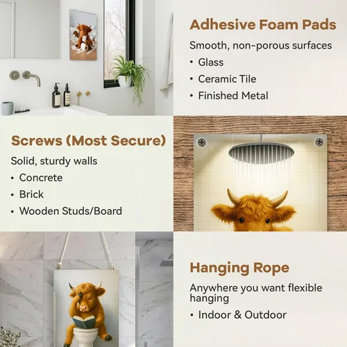 Miniatura 8 de Madewell Living Divertido letrero de metal de vaca de las montañas, arte de pared, decoración rústica de baño, fotos de vaca marrón para baño, baño