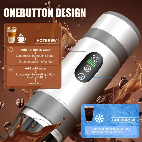 Miniatura 7 de Cafetera Portátil para Café con 2 Baterías Recargables, 8 Tazas, 20 bares, USB-C, Cafetera de Espresso para Camping, Viaje, Oficina, Compatible