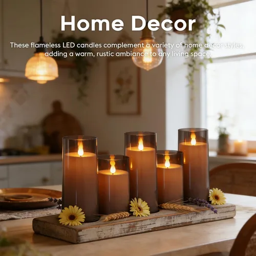 Miniatura 2 de Fo32won juego de 5 velas LED sin llama de pilar gris, que funcionan con pilas, con control remoto y temporizador, velas decorativas acrílicas