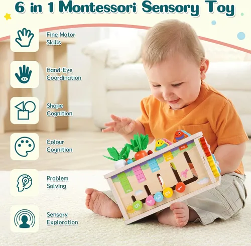 Miniatura 8 de Ancaixin Cubo de Actividad de 6 en 1 de Caja de Tejidos Montessori para Bebés de 6+ Meses, Cubo de Actividad de Madera, Rompecabezas para 12-18