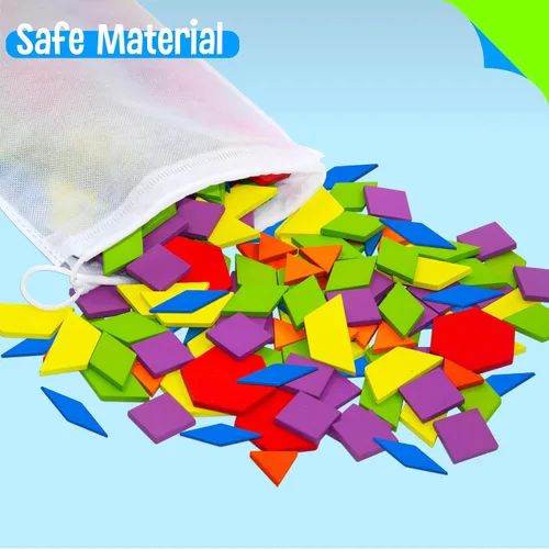 Miniatura 5 de 155 PIEZAS Juego de Bloques de Patrón de Madera, 24 Tarjetas de Diseño Doble Cara (48 Patrones) Rompecabezas de Forma Geométrica Divertido Tangram