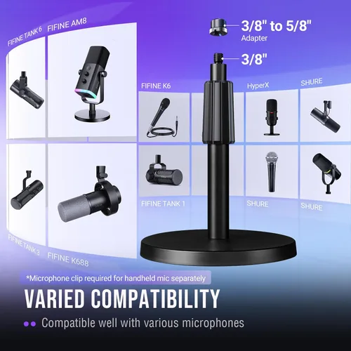 Miniatura 4 de FIFINE Soporte de micrófono de escritorio, soporte de micrófono de mesa ajustable de metal resistente con adaptador de tornillo macho de 5/8